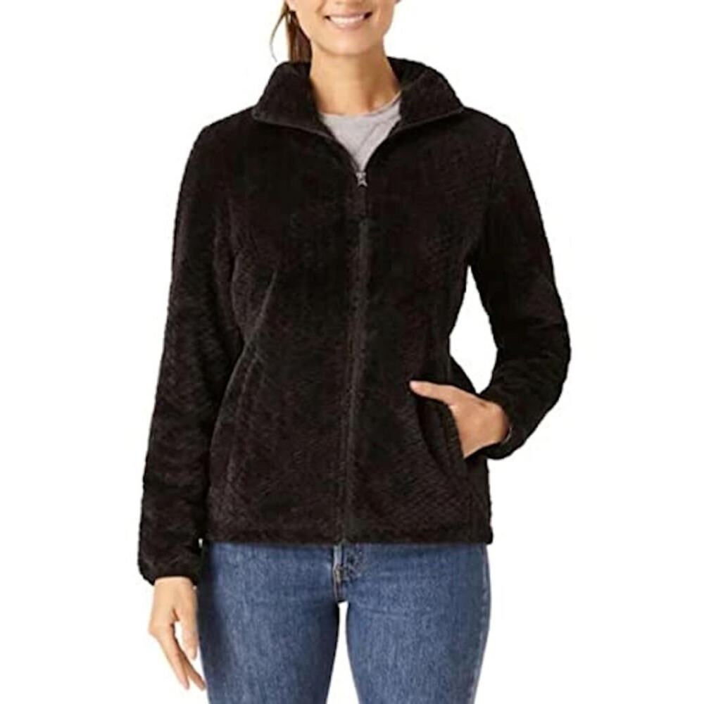Free2B Black Braided Butter Pile Fleece Full Zip Jacket Plush Faux Fur Look S